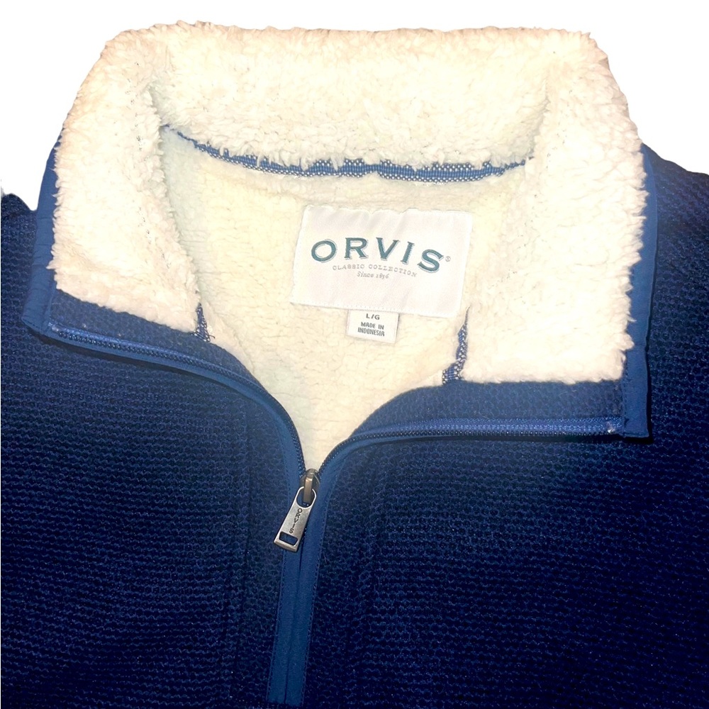 Orvis Sherpa Fleece Lined 1/4 Zip Pullover with Pockets Blue & White Size Large - Picture 10 of 12